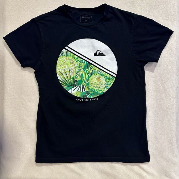 Quicksilver Black Small 100% Cotton Short Sleeve Tee Beach Surf Palm Leaf Flower - Picture 1 of 9